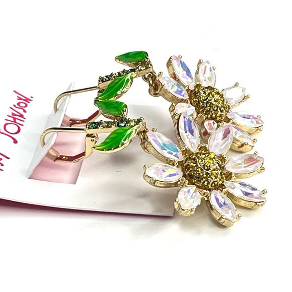 Betsey Johnson Iridescent Stone FLOWER EARRINGS 2.5" Dangle Drop Daisy Flowers - Picture 3 of 5